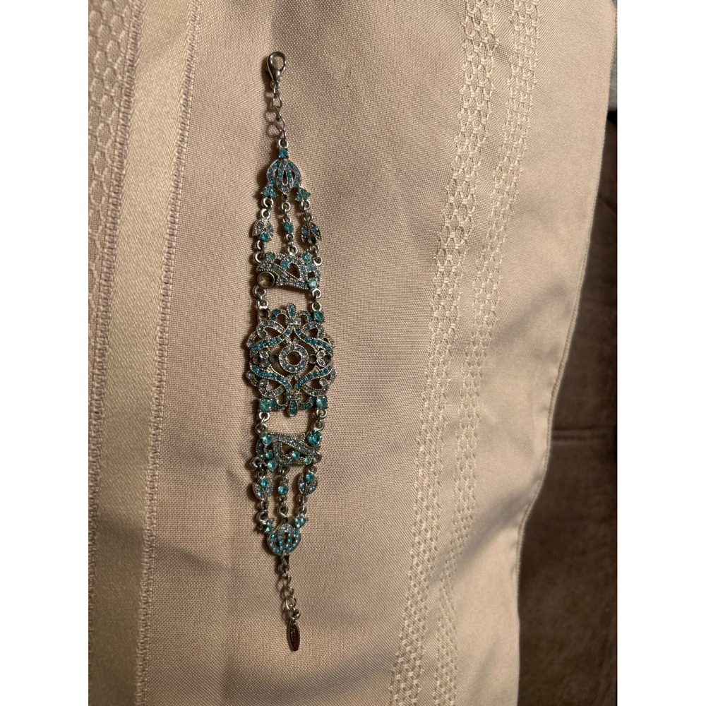 VCLM Victorian Silver Tone Turquoise Blue Rhinestone Filigree Statement Bracelet